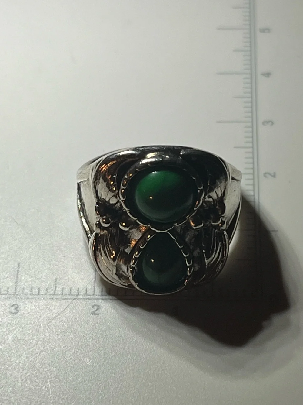 Vintage Art Nouveau Style Silver Tone Ring with Green Glass Cabochons untested